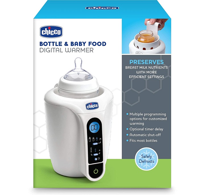 Chicco NaturalFit Digital Baby Bottle Warmer - Image of the digital bottle warmer with a bottle and a food jar in it, displaying the digital display and the warming basket.