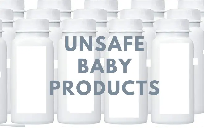 Collage of Common Baby Products with Caution Signs