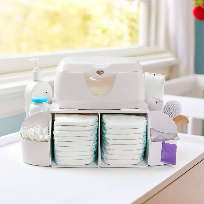 showcasing essential diapering supplies for newborns, including diapers, wipes, and diaper rash cream.