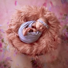 A serene newborn baby sleeps soundly in the arms of a skilled photographer, bathed in soft, natural light in a cozy studio setting. The photographer delicately captures tiny fingers and toes, illustrating the art of newborn photography.