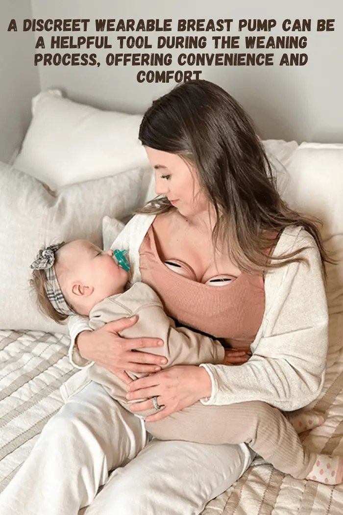 An image showing a discreet wearable breast pump, highlighting its usefulness during the weaning process for mothers, providing convenience and comfort.