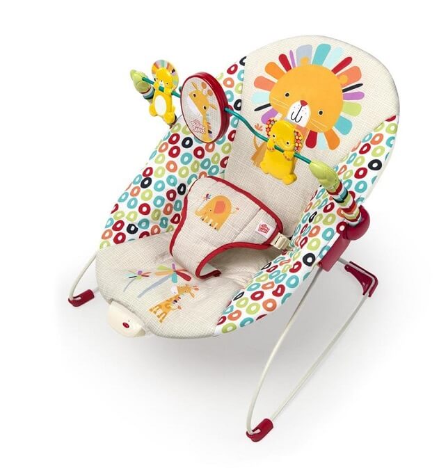 An image displaying the Bright Starts Portable Baby Bouncer, a lightweight and foldable bouncer designed to provide comfort and entertainment for infants, ideal for use at home or while traveling.