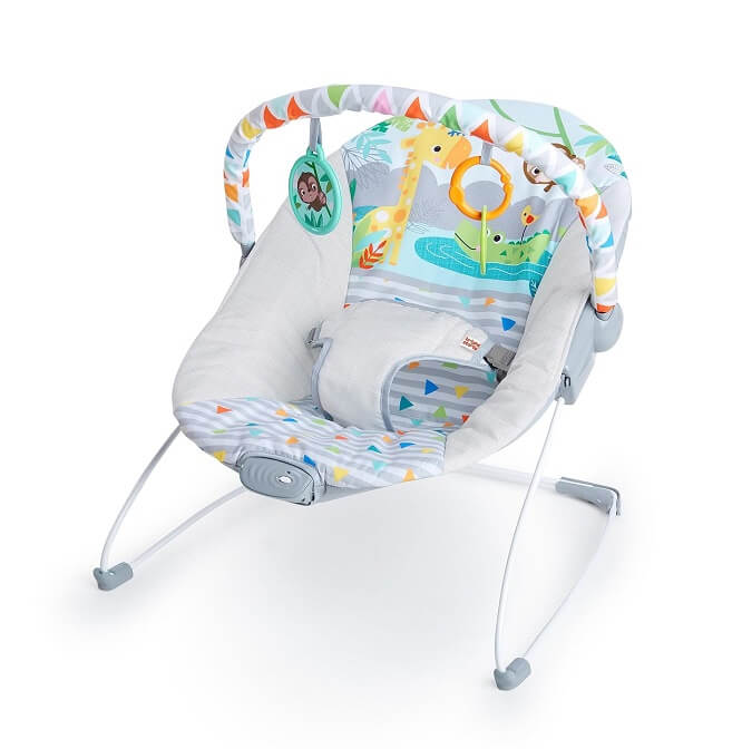 An image of the Bright Starts Safari Fun Vibrating Baby Bouncer, a colorful and safari-themed bouncer designed to soothe and entertain infants with gentle vibrations and playful toys.