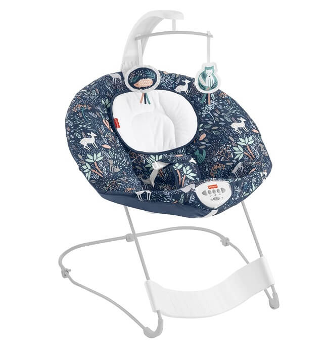 An image of the Fisher-Price See & Soothe Deluxe Bouncer, a premium baby bouncer with plush seat, adjustable recline, soothing vibrations, and removable toy bar for entertainment, comfort, and relaxation of infants.