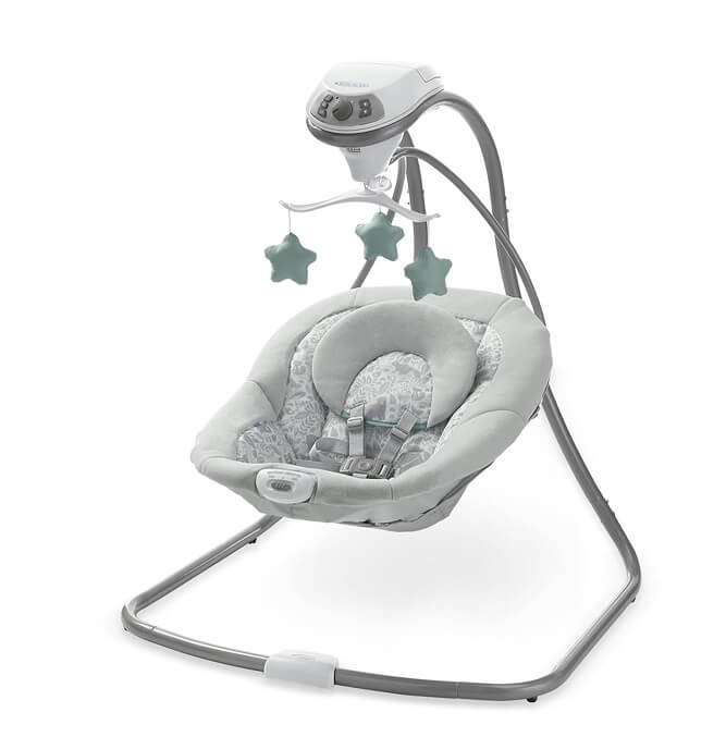 A Graco Simple Sway Swing, a baby swing with a comfortable seat, safety harnesses, and motorized swinging motion, ideal for soothing infants.