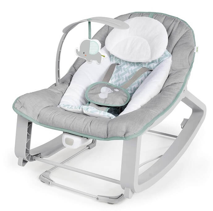 An image displaying the Ingenuity Keep Cozy 3-in-1 Vibrating Baby Bouncer Seat & Toddler Rocker, a versatile baby product that functions as a vibrating bouncer for infants and converts into a toddler rocker, providing comfort and entertainment for babies and toddlers alike.